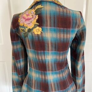 Johnny Was Women's Jacket Size S Turquoise Brown Plaid Embroidery Flowers